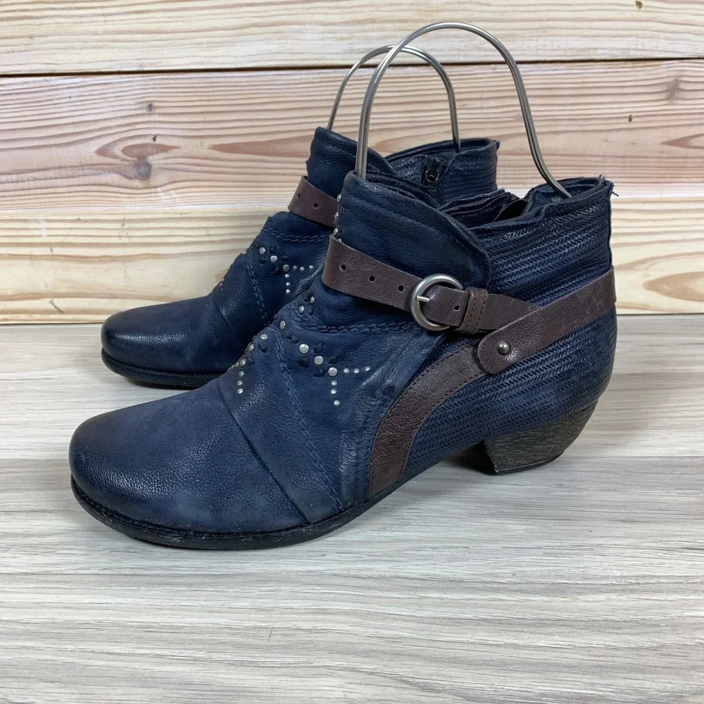 Miz Mooz Ankle Boots Womens‎ 41 Navy Blue Leather Studded Buckle Moto Booties